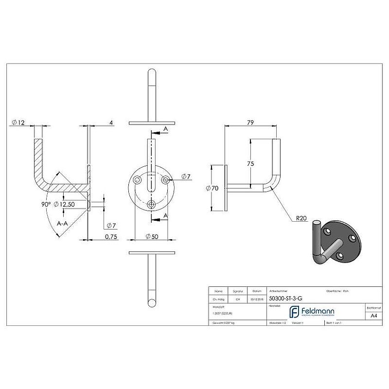 Handlaufträger mit Ronde flach, 70x4mm