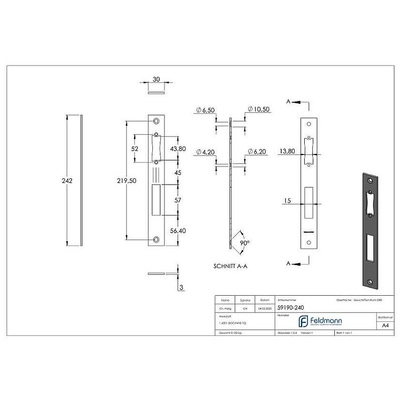 Platine de gâche acier inoxydable 242x30x3,0mm, avec entraxe 92mm, V2A