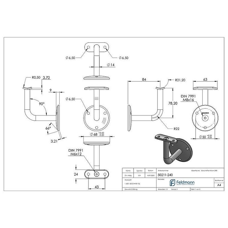 Handlaufhalter mit Handlaufanschlussplatte 42,4mm (Ronde und Bügel verschraubt), V2A