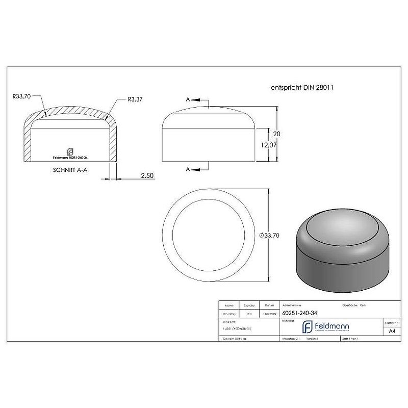 Curved base 33,7x2,0mm, DIN 28011, AISI304