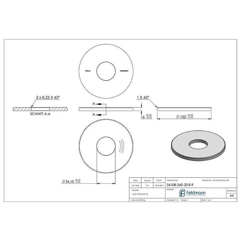 Anchor plate Ø 100x6mm, with bevelled edge and chamfer, AISI304