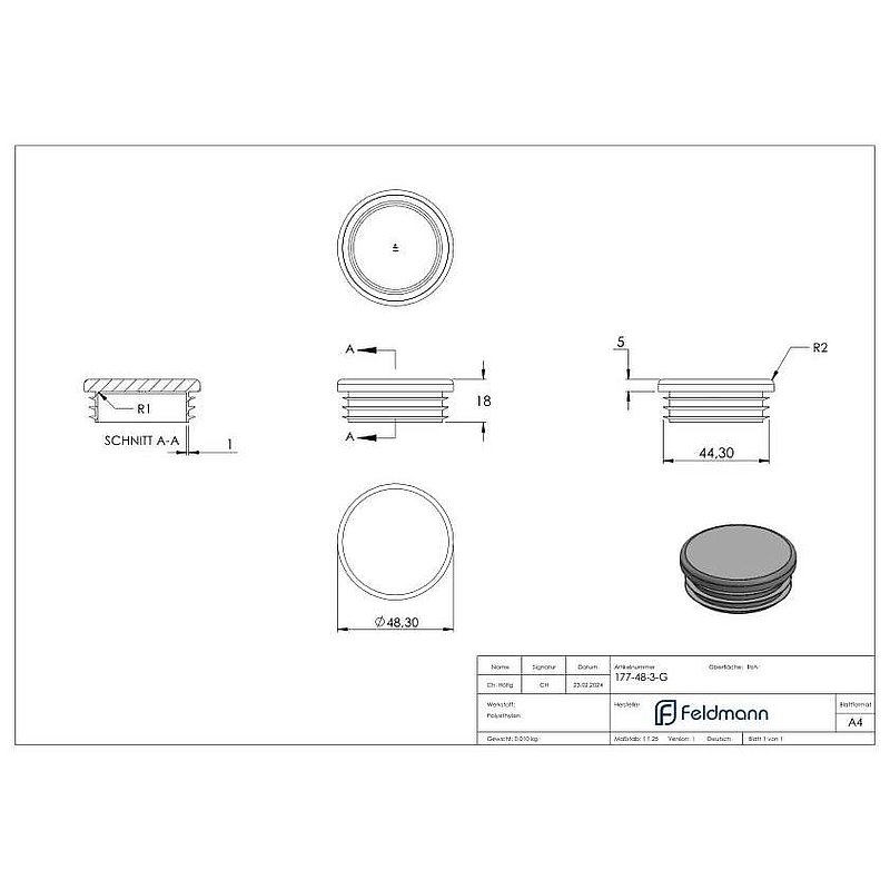 Kunststoffkappe für Rundrohr 48,3mm
