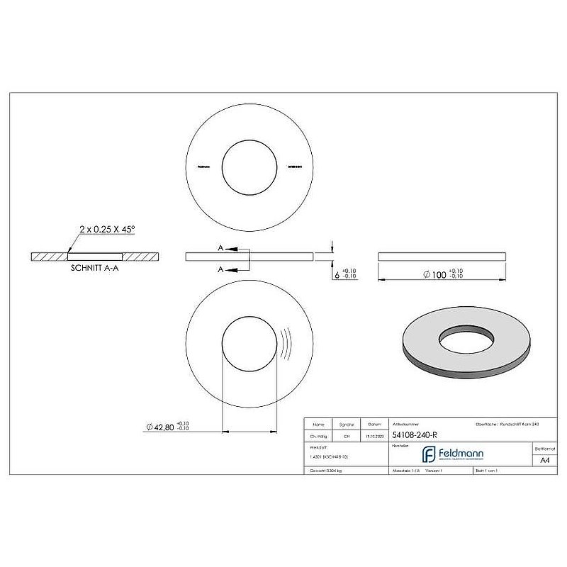 Anchor plate Ø 100x6mm, with round grinding, AISI304