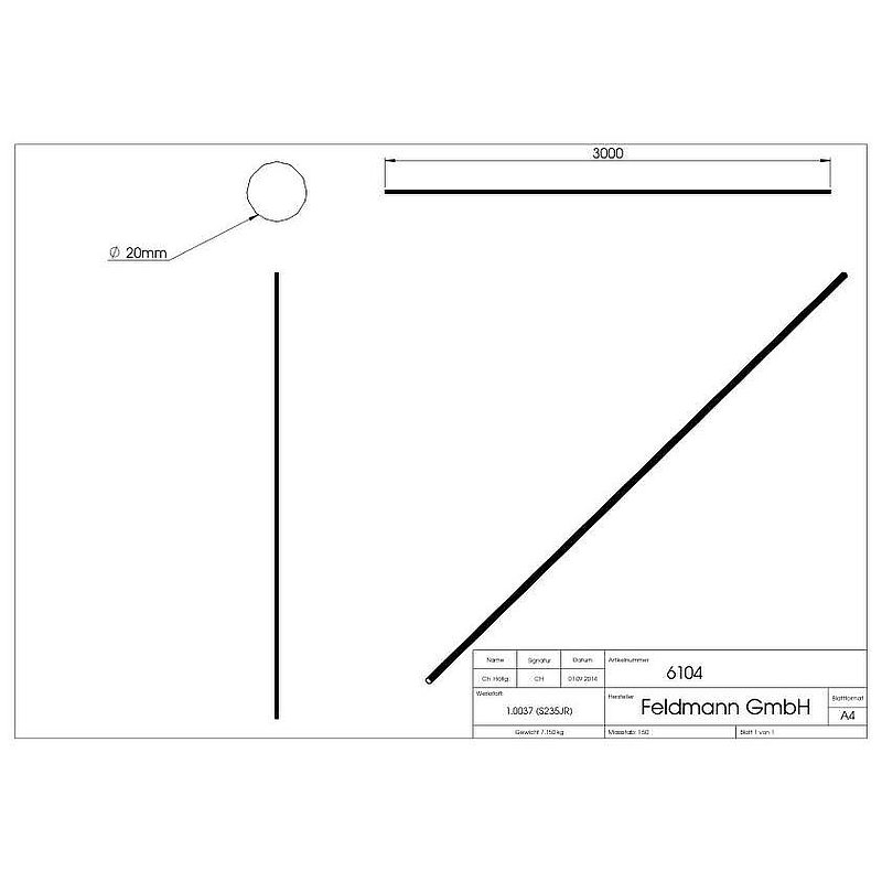 Round bar 20mm, L: 3000mm