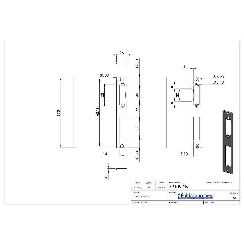 Edelstahlschließblech 172x26x3,0mm, für Abstand 72mm, V2A