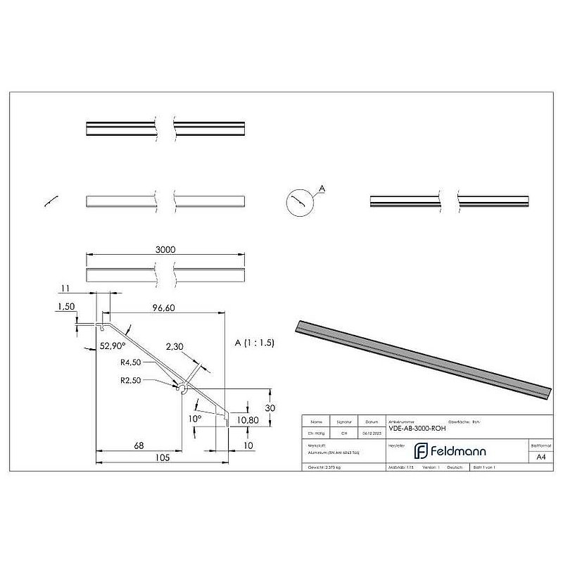 Cache design pour eleganza canopy, L: 3000mm, aluminium brut