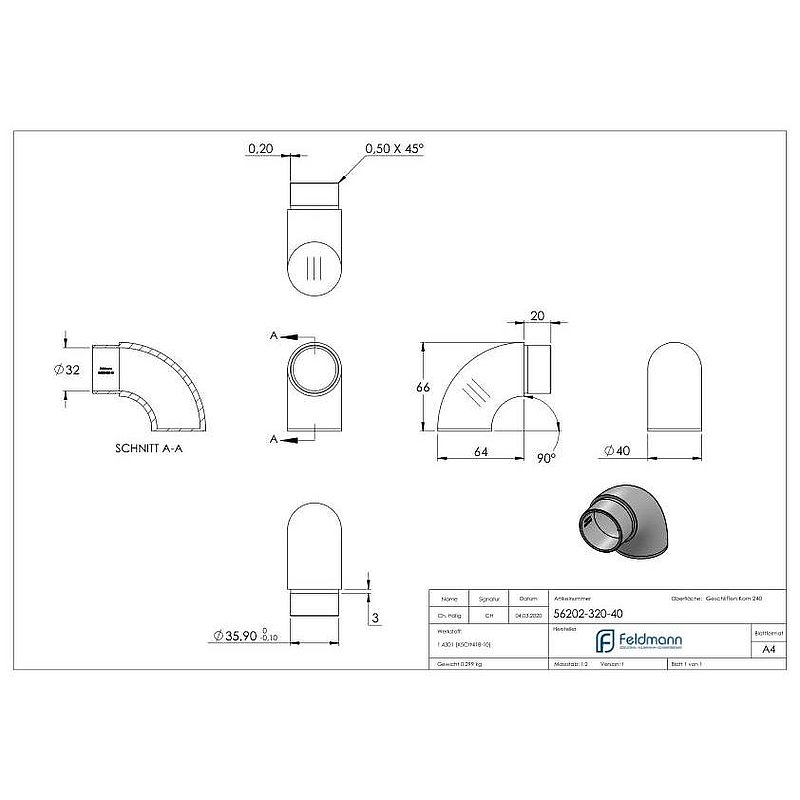 Endbogen 90° flach, für Rohr 40,0x2,0mm, V2A