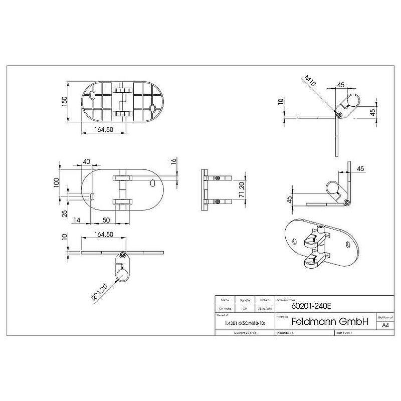 Wall mounting for railing posts 42.4 mm, corner, AISI304