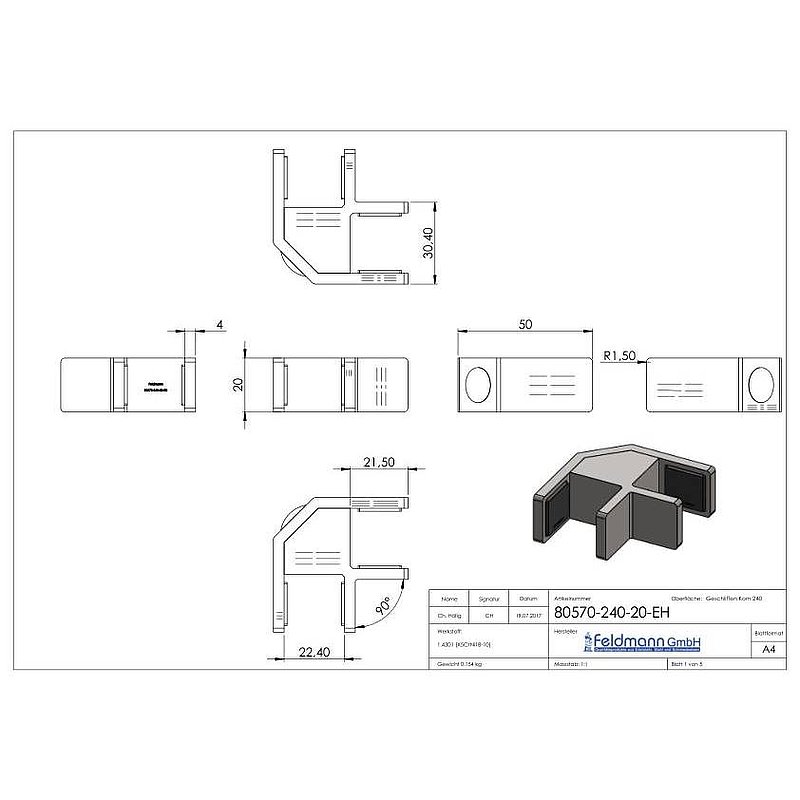 90° glass leveller for all-glass railings, for glass 20.76 - 21.52 mm