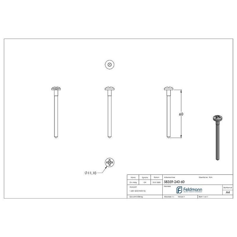 Chipboard screw 6x60, ISO 88096, AISI304
