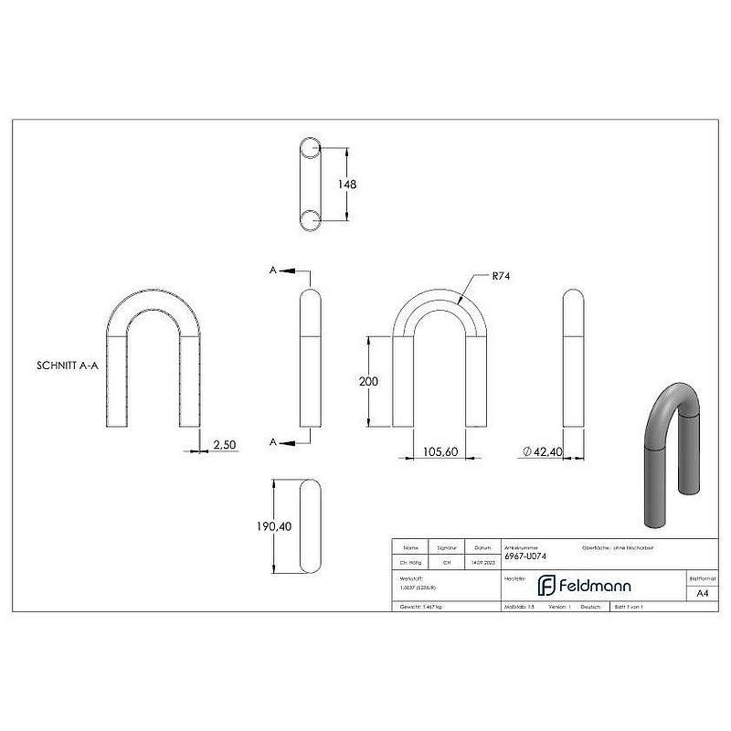Stahl-Rohr-Bogen 180°, 42,4x2,5mm