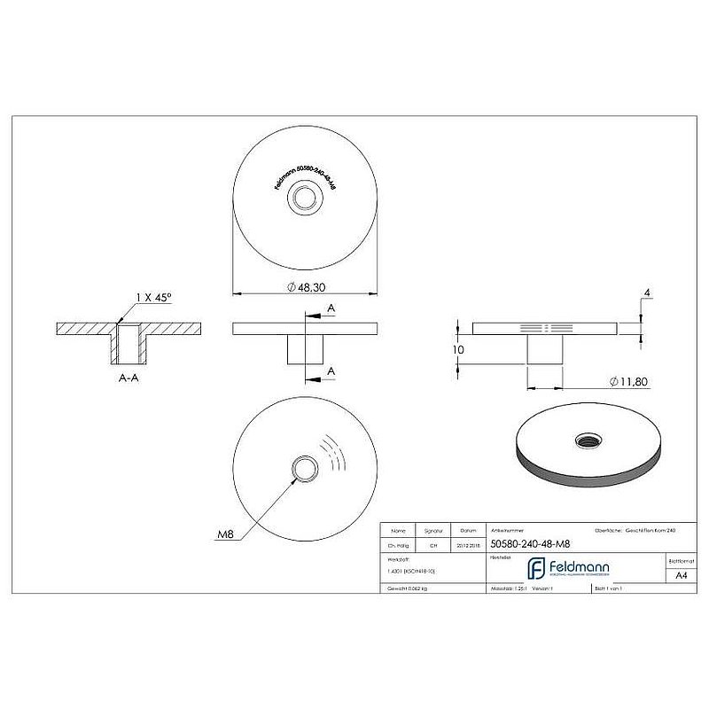 Plate, Ø 48.3mm, for welding on, AISI304