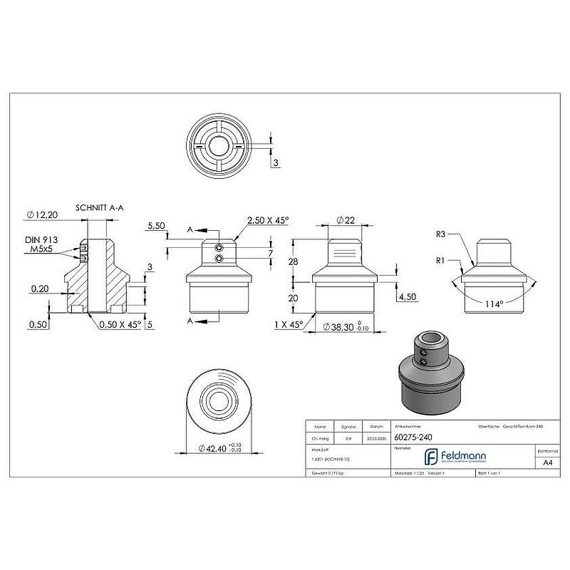 Rohrabschlussstopfen für 42,4x2,0mm, V2A