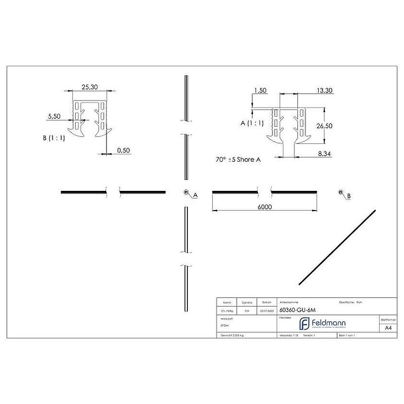 Cale caoutchouc pour verre 8,00 - 10,76mm, pour rainure 24x24mm, 6000mm