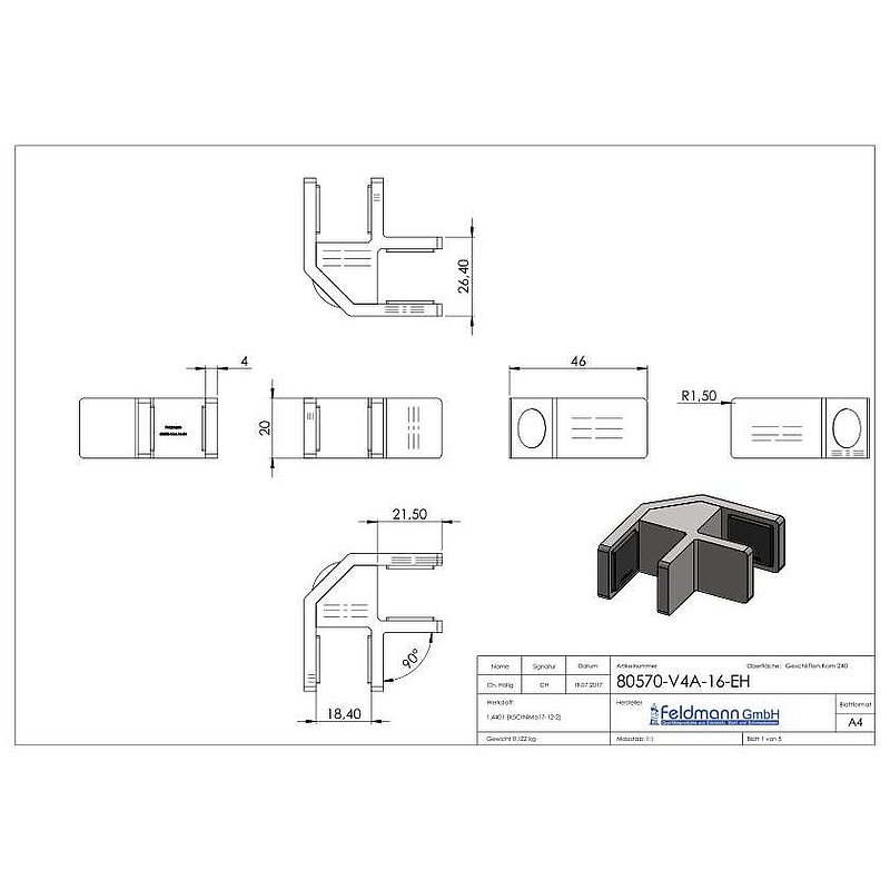 90° glass leveller for all-glass railings, for glass 16.76 - 17.52 mm