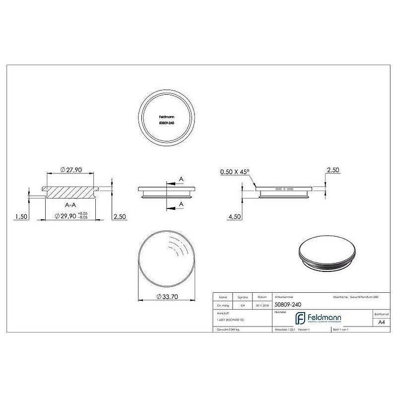 Tube end plug, for tube 33.7x2.0mm, AISI304