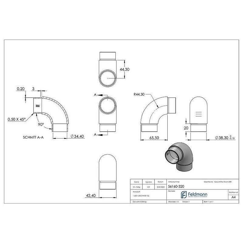 Rohrbogen 90°, für Rohr 42,4x2,0mm, V2A