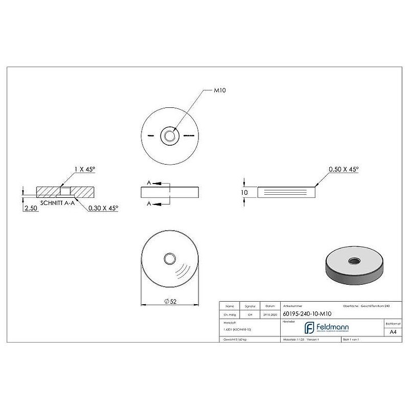 Lower part for 52mm glass point holder, D:10mm, with M10, AISI304