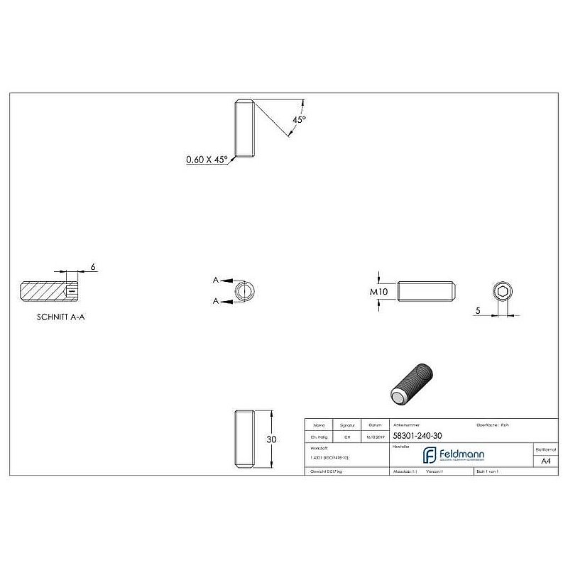 Grub screw M10x30, AISI304, DIN 913 / ISO 4026