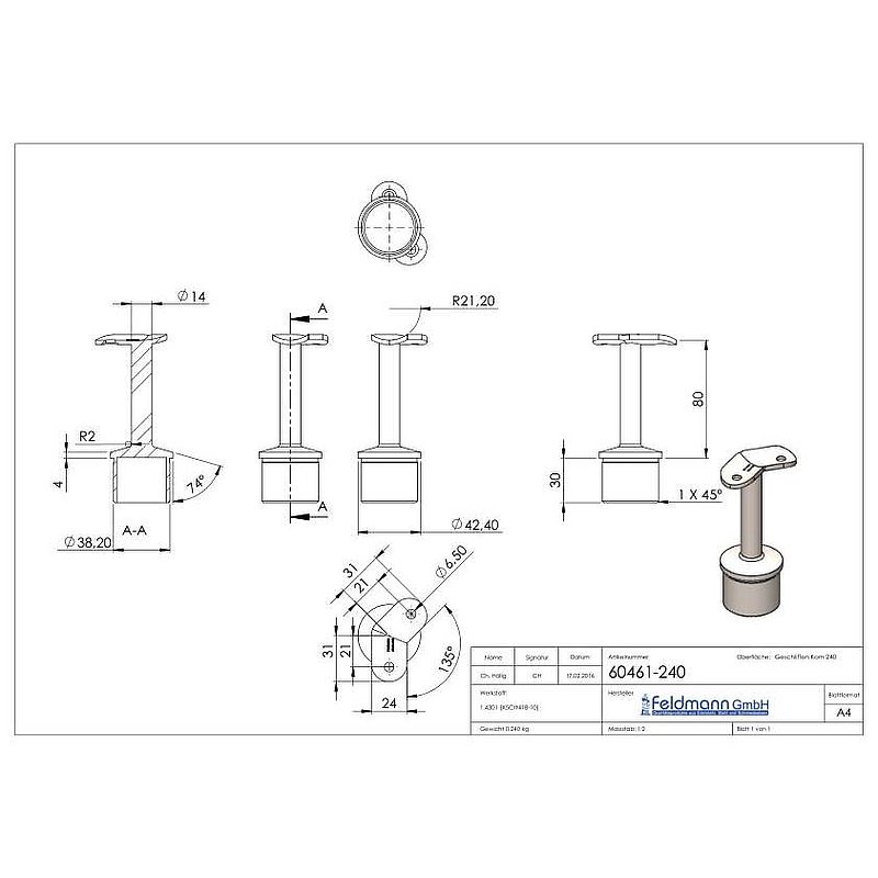 Tube end plug for tube 42.4x2.0mm, handrail connection plate 135°, AISI304