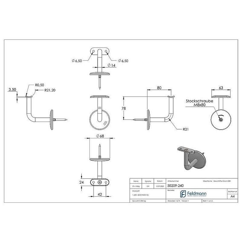 Handlaufhalter mit Handlaufanschlussplatte 42,4mm, V2A