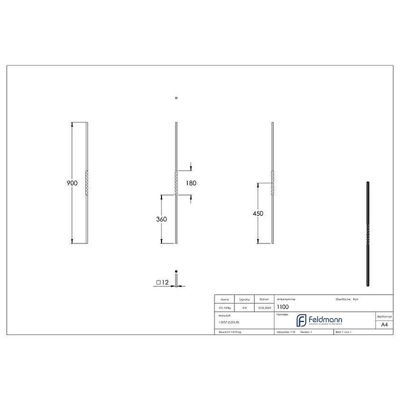 Barre d'ornement intermédiaire 12x12mm, lisse, L : 900mm