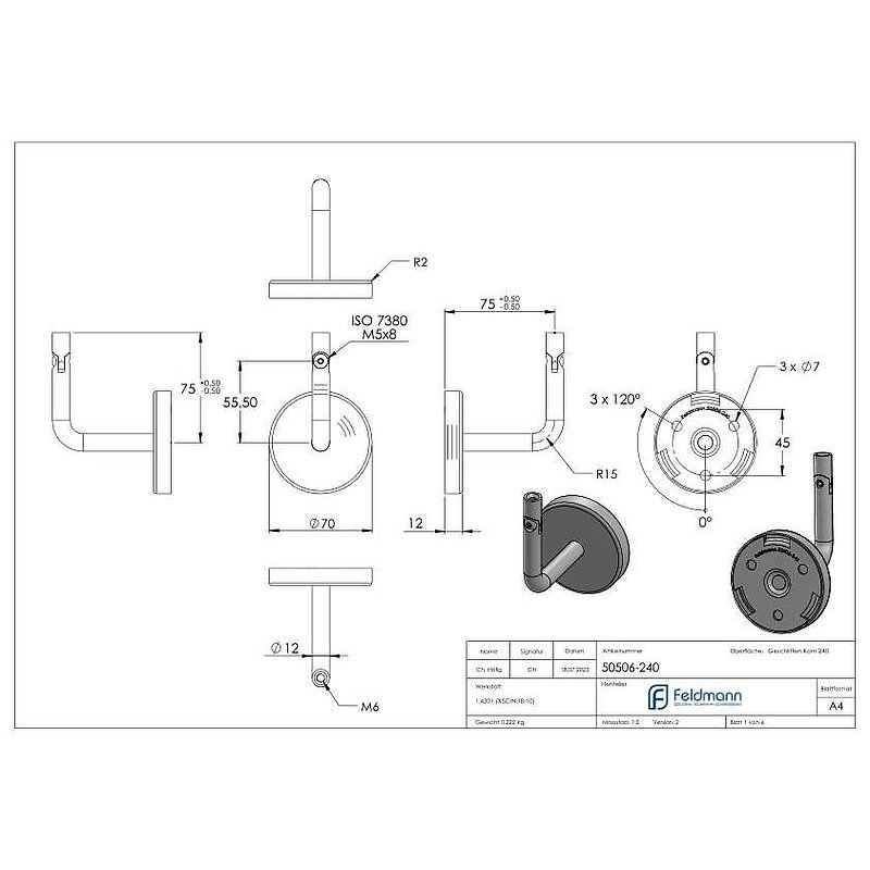 Handrail bracket incl. clip rosette (round plate and bracket welded), AISI304