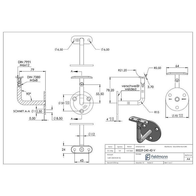 Handlaufhalter mit Halteplatte 42,4mm