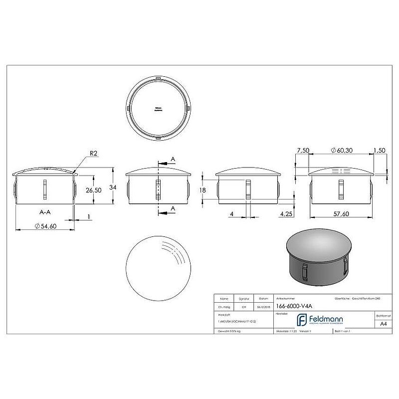 Rohrabschlussstopfen, für Rohr 60,3x2,0 - 2,5mm, V4A