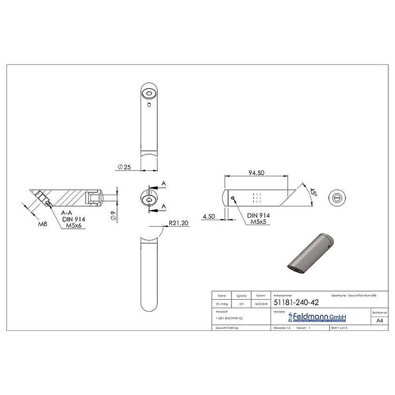 Support de tube incliné, avec raccordement en tube de Ø 42,4mm, V2A