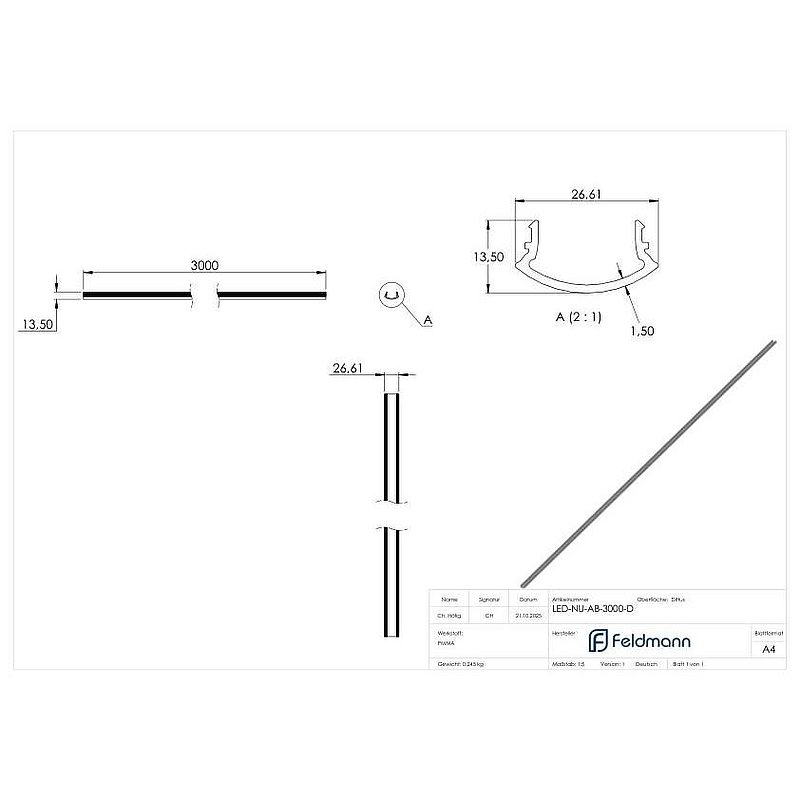 Tube rainuré LED LUNORA®, cache en plastique diffus pour tube rainuré rond 42,4 mm, PMMA, L: 3000 mm