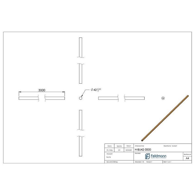 Wooden handrail beech, Ø42,4mm, L: 3000mm