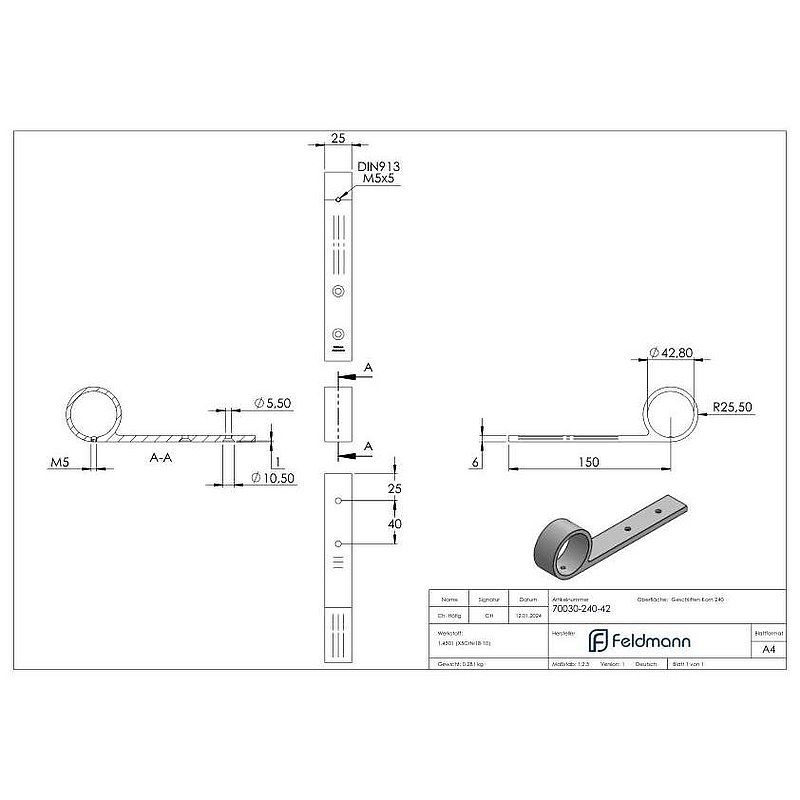 Handlaufstütze, für Rohr 42,4mm, V2A