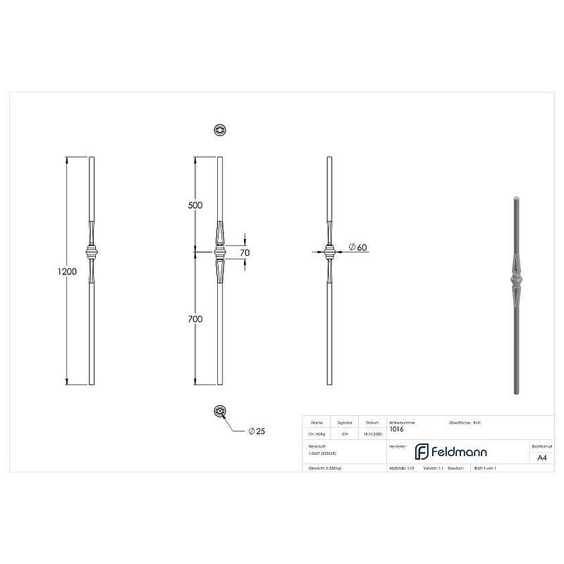 Starting bar Ø 25mm, smooth, H: 1200mm