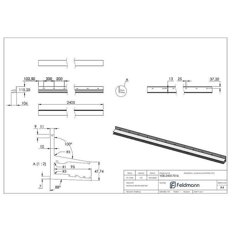 Vordachprofil eleganza canopy, L: 2405mm, RAL7016