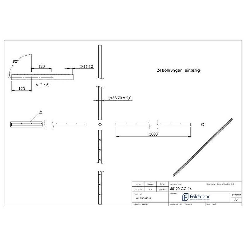 Edelstahlrohr, eins. gelocht 16,1mm, 33,7x2,0mm, L: 3000mm, V2A