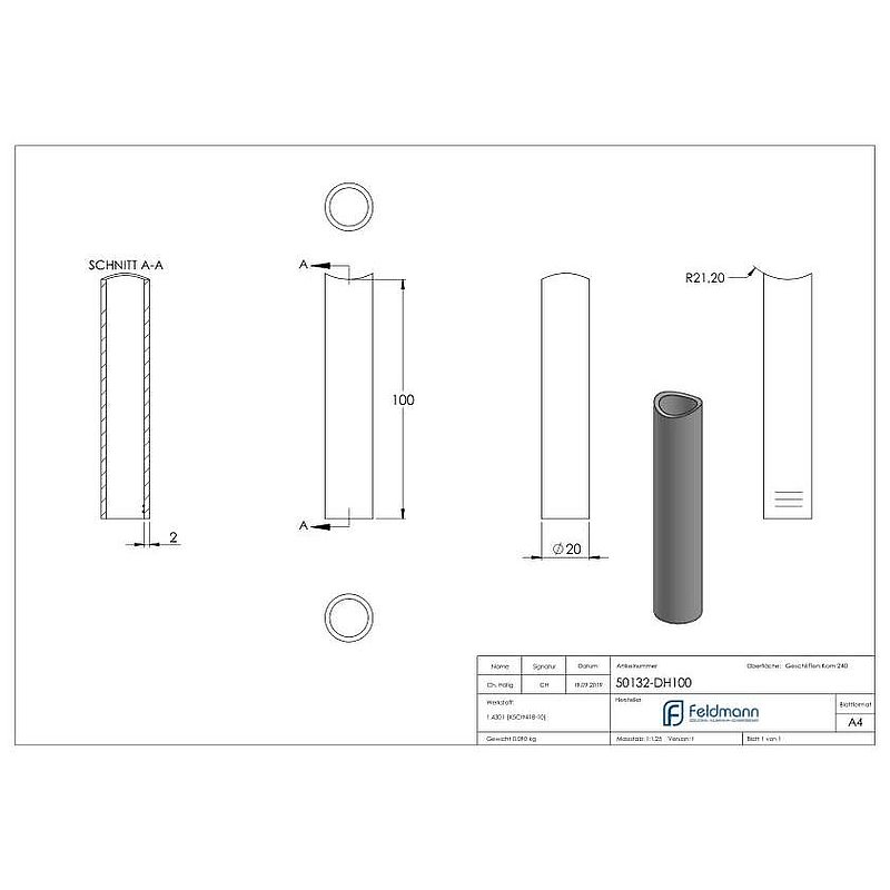 Spacer sleeve, L: 100mm, for 42.4mm, AISI304