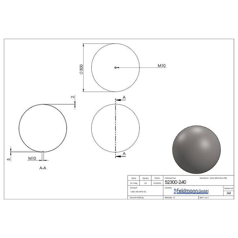 hollow ball Ø 300mm with M10 thread, AISI304