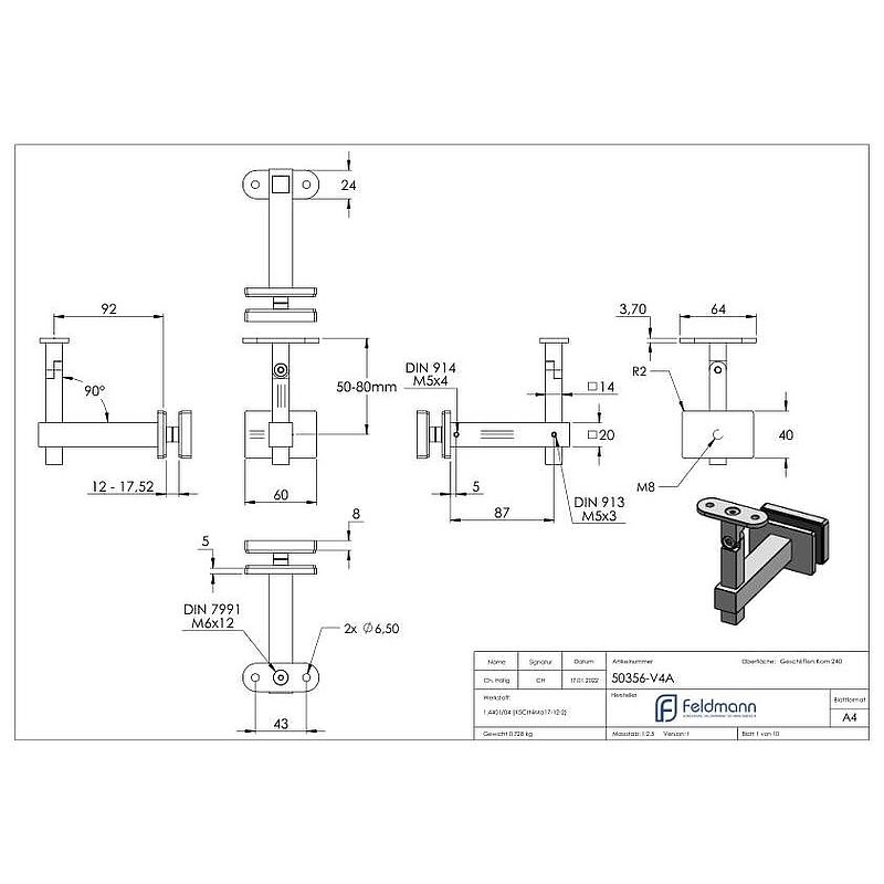 Handlaufhalter eckig mit gerader Handlaufanschlussplatte, V4A
