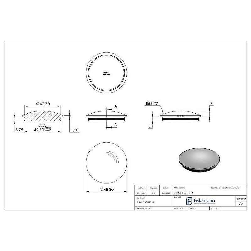 Tube end plug, for tube 48.3x3.0mm, AISI304
