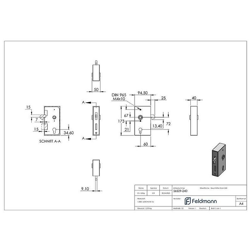 Stainless steel lock case with galvanised lock and hook latch for sliding gates, 40x94.5x173mm