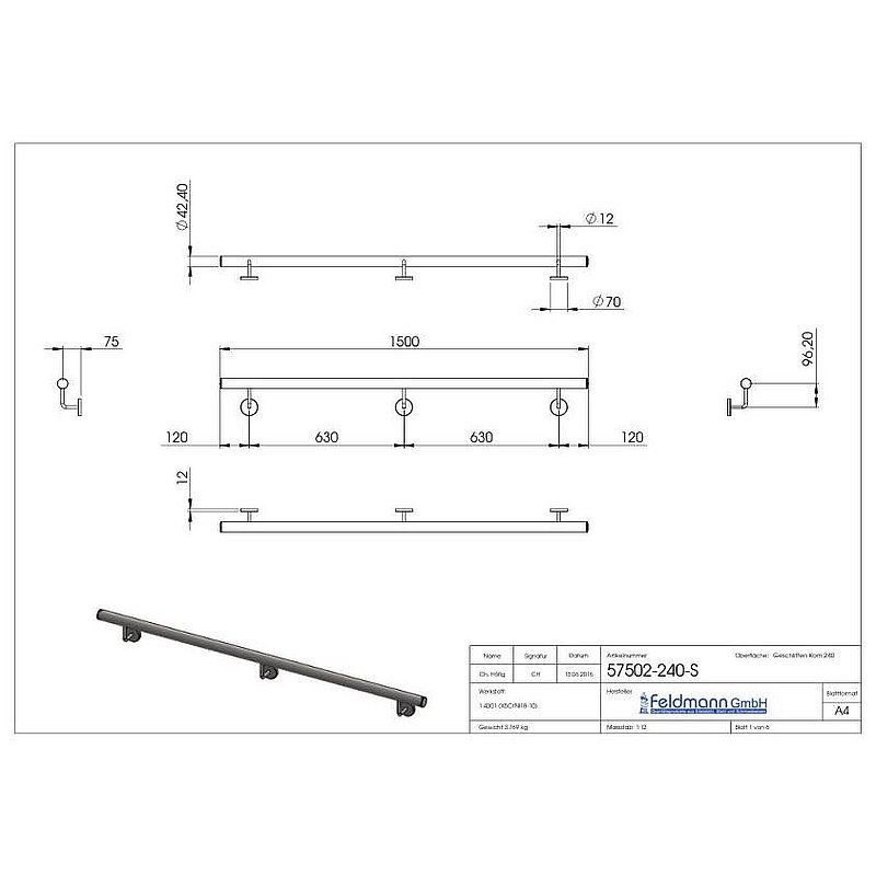 Handlauf, montagefertig, L: 1500mm, V2A