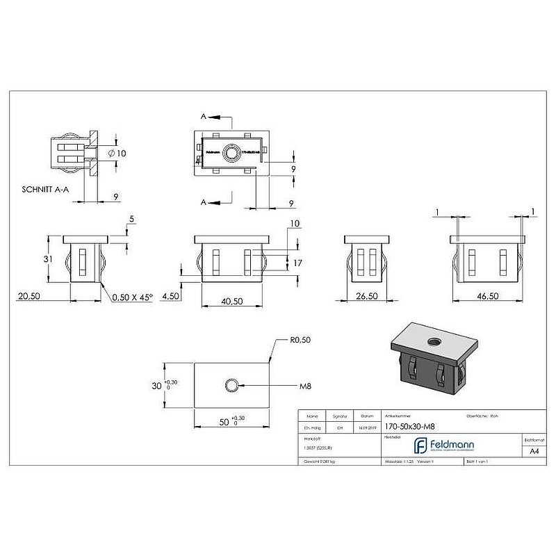 Bouchon en acier, pour tube rectangulaire 50x30mm