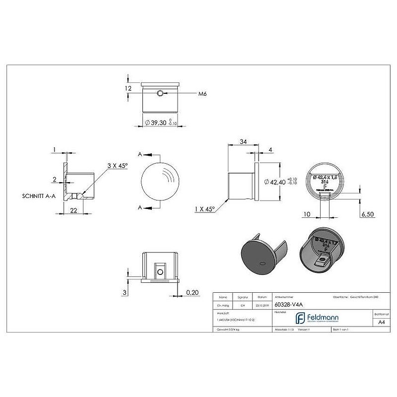 End cap, flat, for slotted tube 42.4 mm, AISI316
