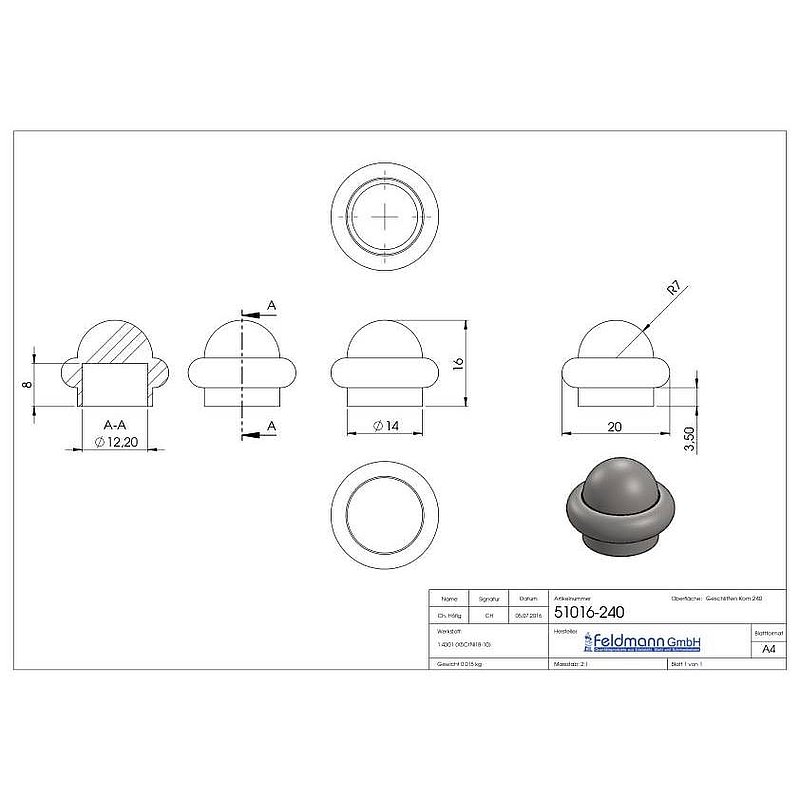 Zierabschlusskugel mit Bündchen, Ø 15mm, V2A