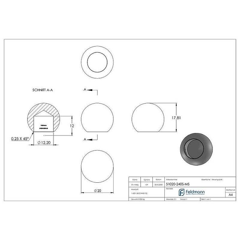 Boule laiton pleine Ø 20mm avec trou borgne Ø 12,2mm