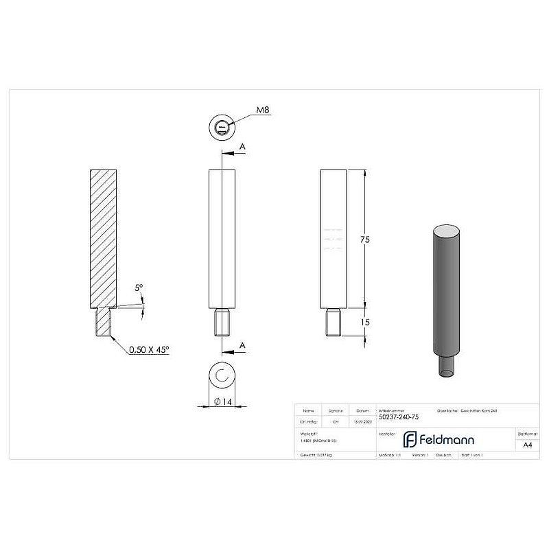 Stift Ø 14mm, L: 60mm, V2A
