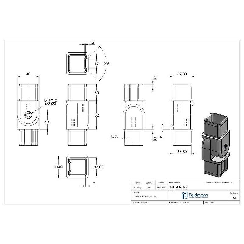 Connecting joint for tube 40x40x3.00mm, AISI316