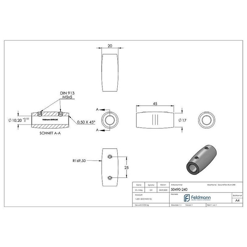 Bar connector for 10mm round, L: 45mm, Ø 20mm, AISI304