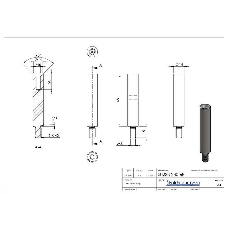 Stift Ø 14mm, L: 68mm, V2A